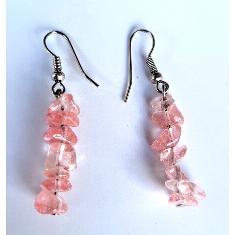 Rose Quartz Dainty Drop Earrings with Sterling Silver Hooks 1.5 in